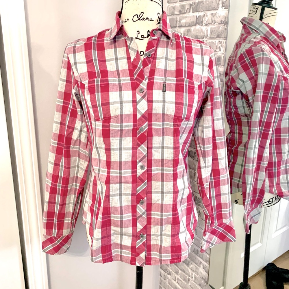 Columbia Women’s Pink and Grey Button Down Plaid Shirt